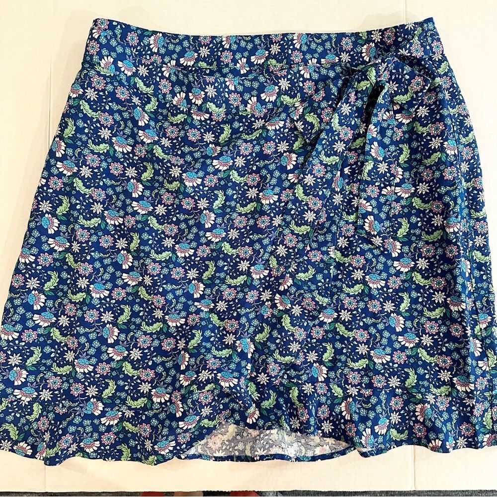 Loft Ann Taylor Floral Ruffle Linen Blend Wrap Skirt Blue Calico Back Zip Sz 14 - Picture 5 of 9